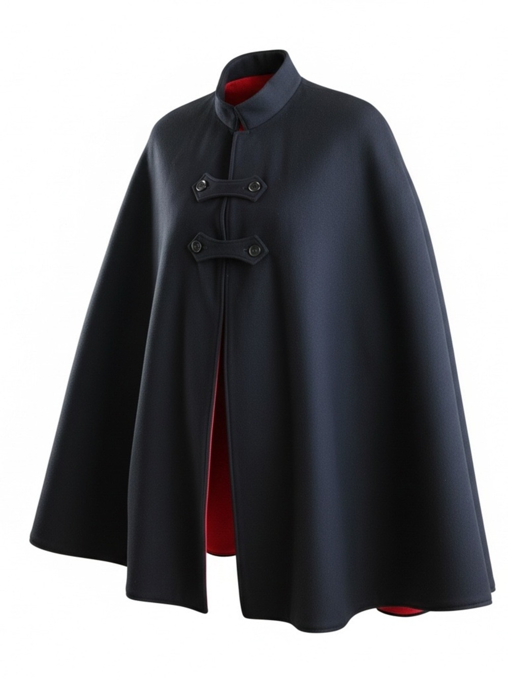 Navy wool cape with red lining.